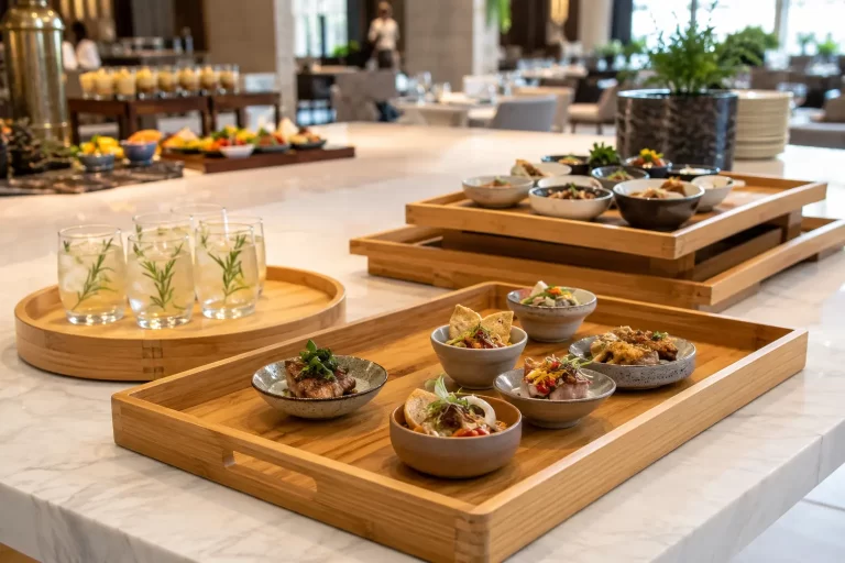Bamboo food serving trays arranged for catering and hospitality service