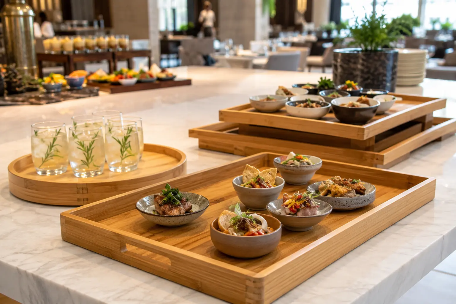 Bamboo food serving trays arranged for catering and hospitality service