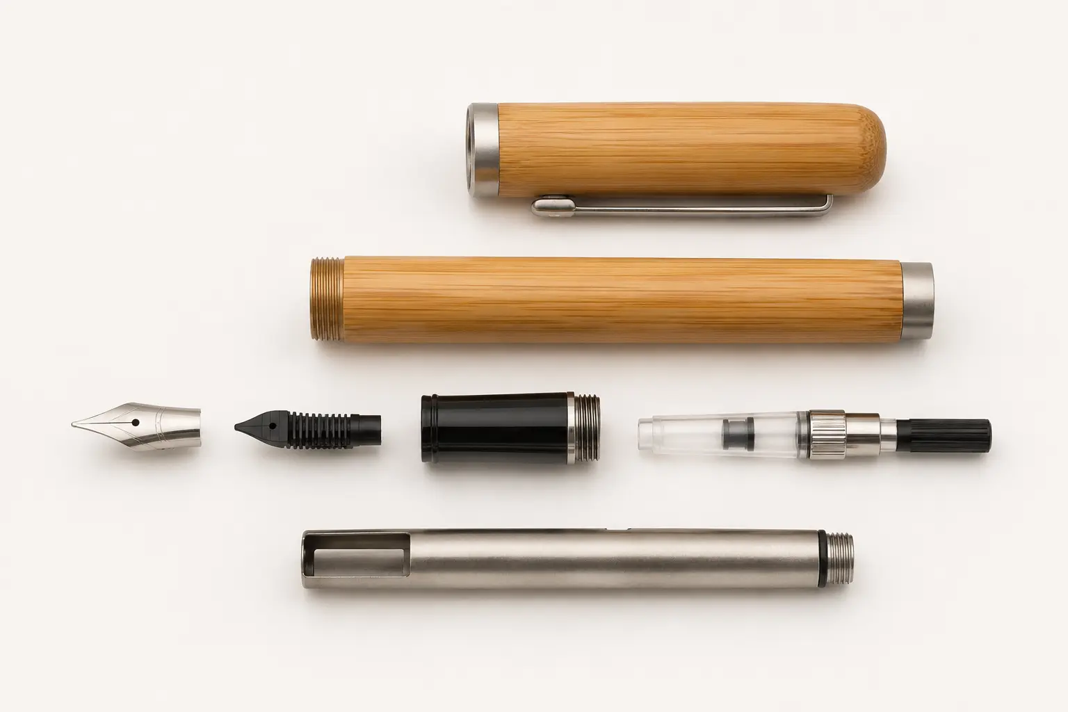 Bamboo-bodied fountain pen with cap metal nib feed converter and barrel displayed as separate components