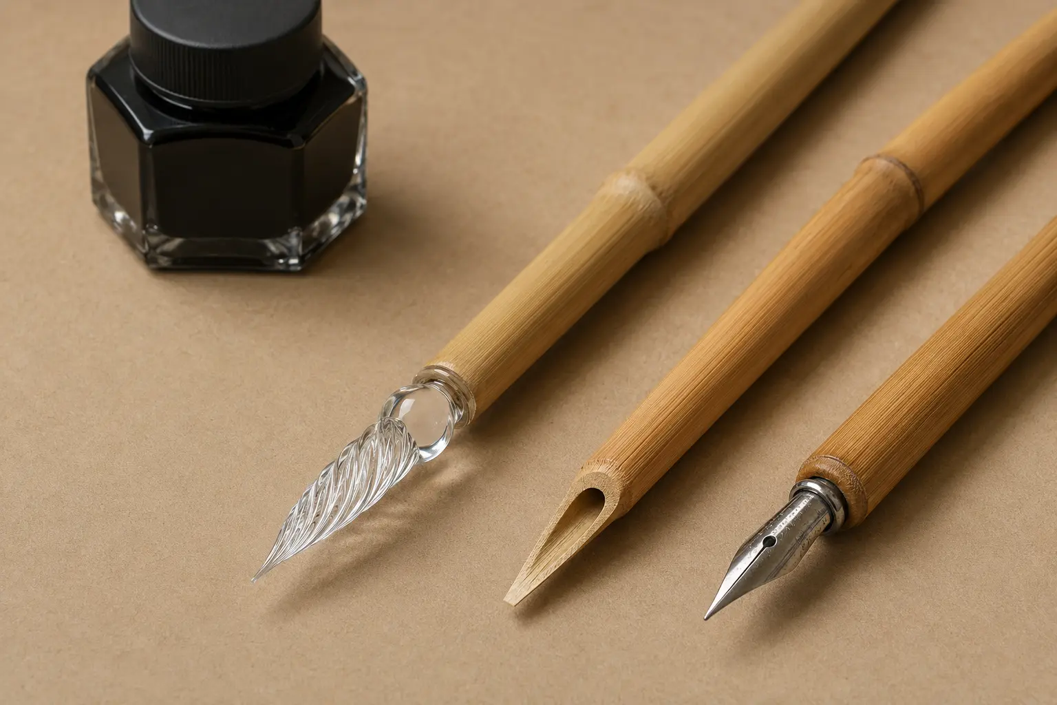 Bamboo-handled glass dip pen beside a traditional cut bamboo pen and metal nib holder