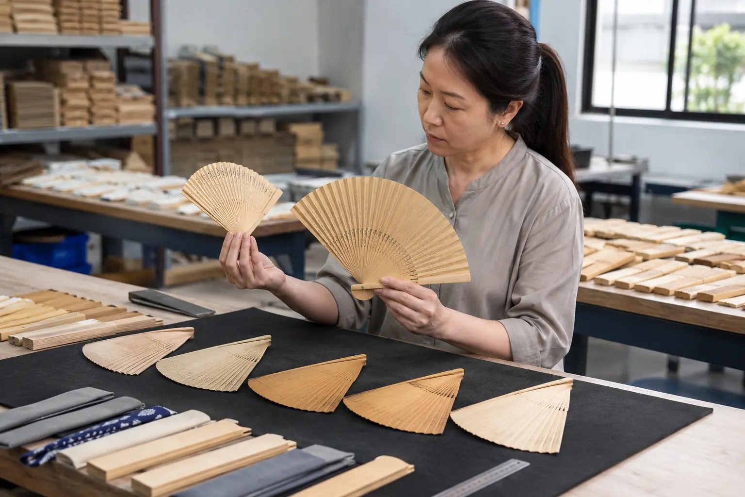 Inspector checking pivots, bamboo edges and leaves on folding and rigid hand fans