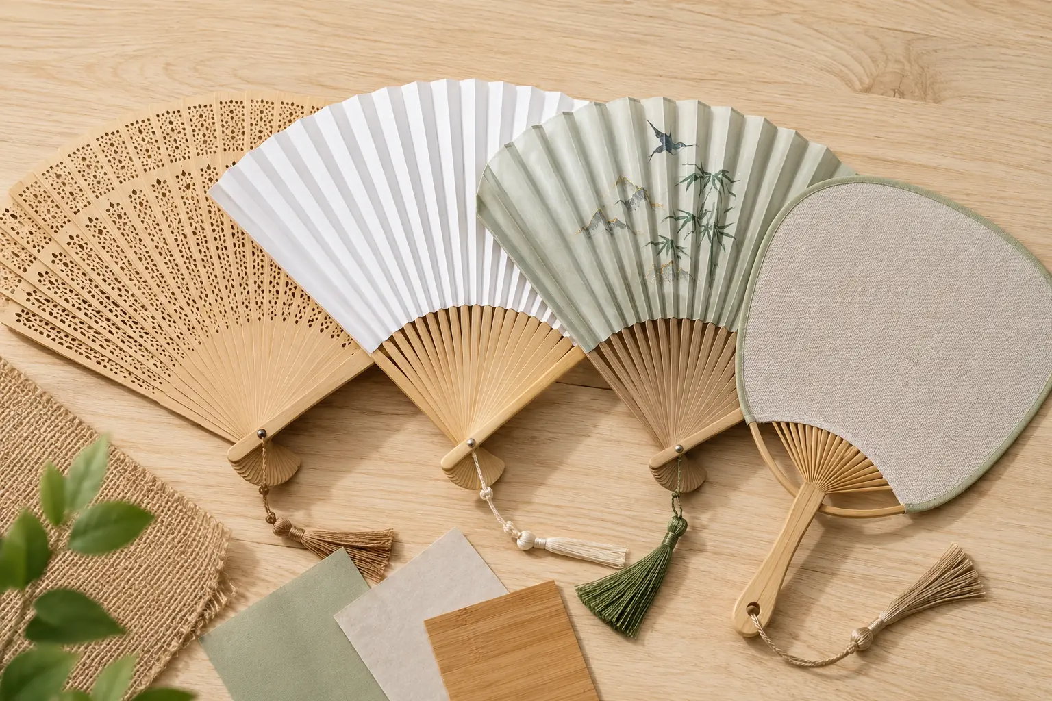 Bamboo folding hand fan paddle fan and mini fan shown side by side