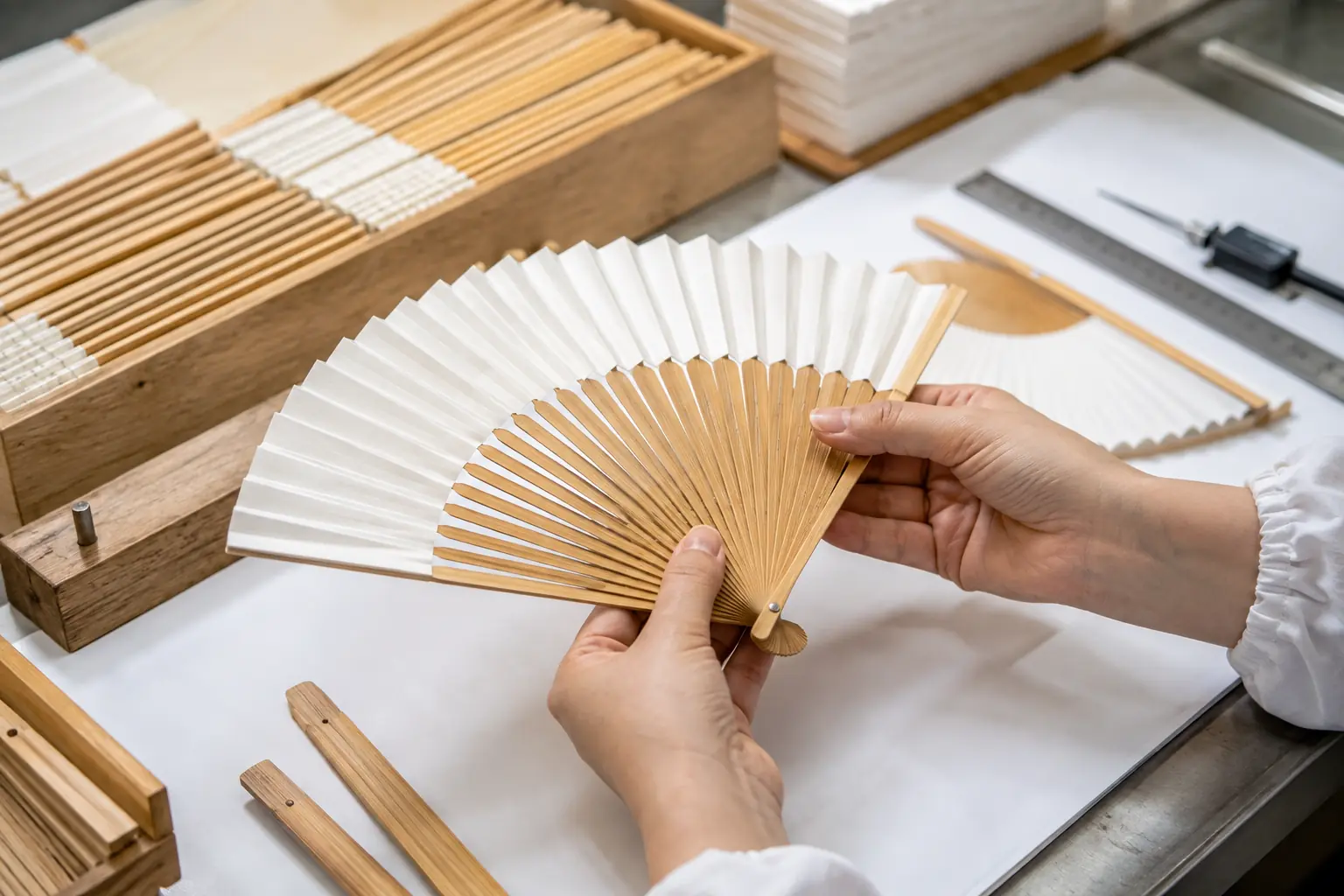 Quality inspector checking bamboo hand fans for smooth opening print alignment and finish