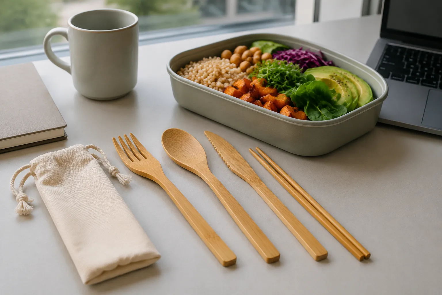 Bamboo lunch utensils with a spoon, fork and chopsticks packed beside a reusable lunch container