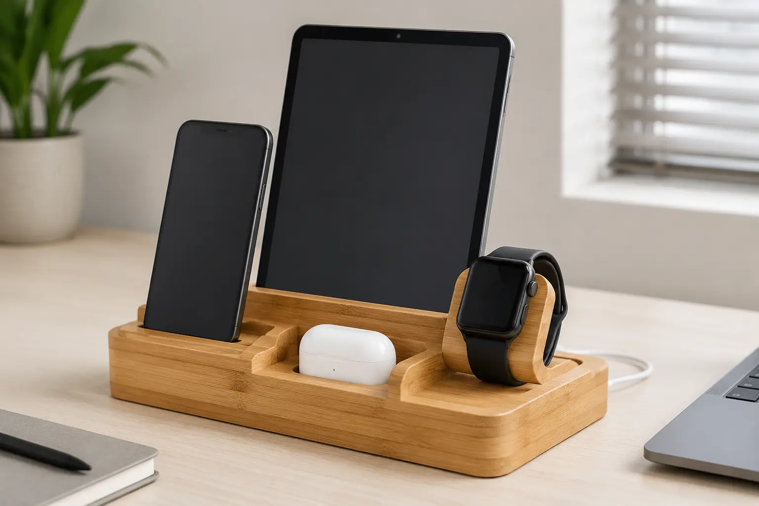 Bamboo multi-device charging station organizing a phone, tablet, earbuds and smartwatch