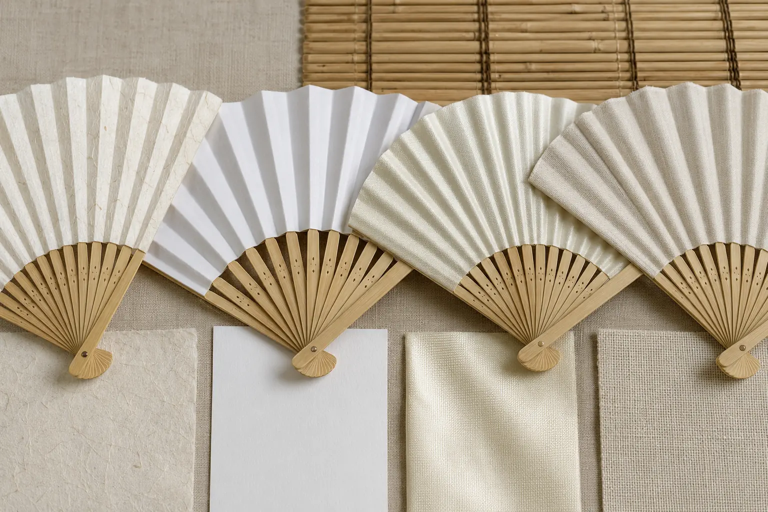 Paper bamboo fan and silk-look fabric bamboo fan shown in close comparison