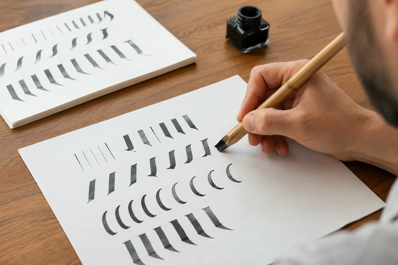 Calligrapher practicing broad and thin strokes with a bamboo reed pen on uncoated white paper