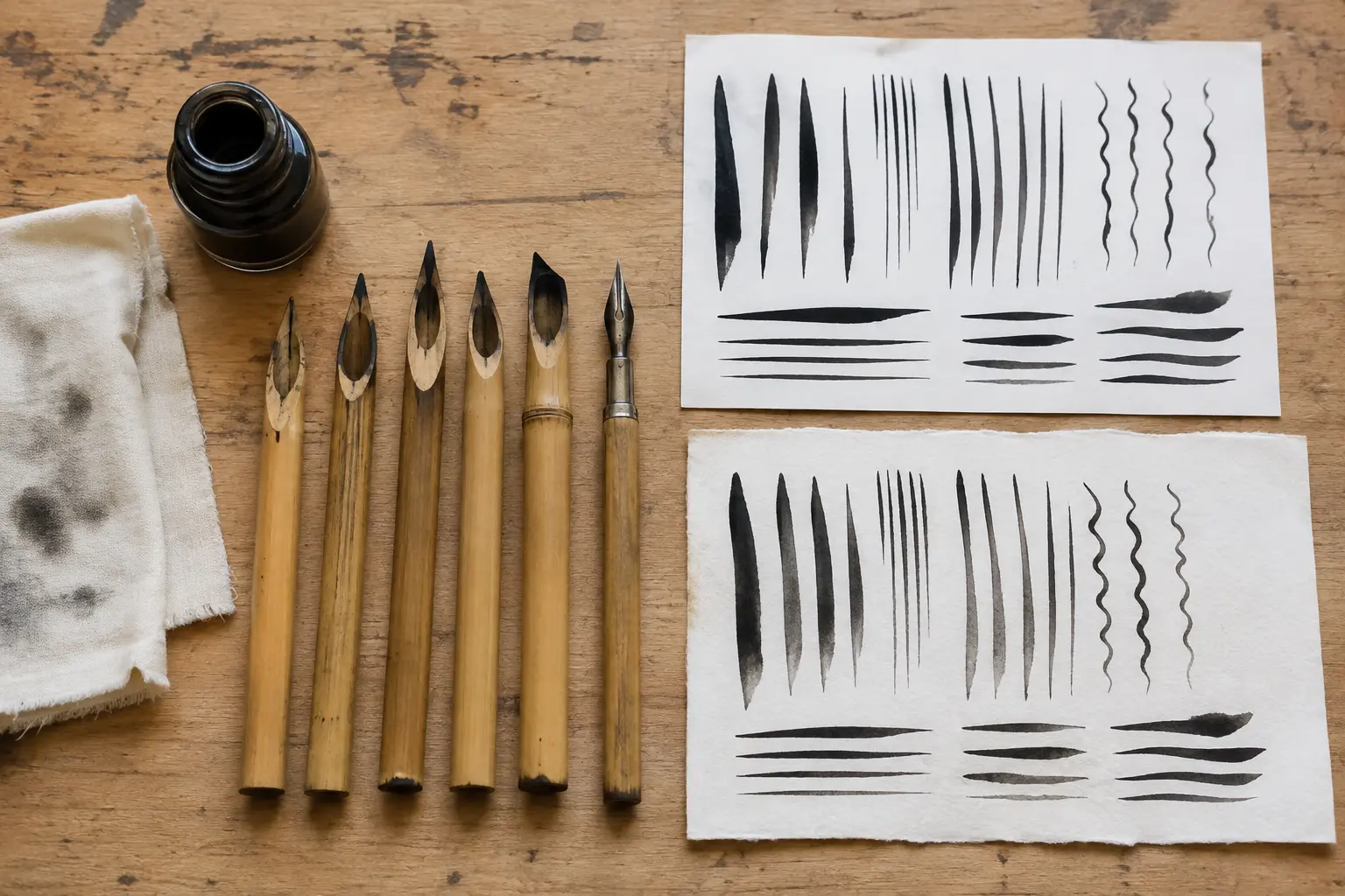 Black ink flow testing with bamboo dip pen tips on different sheets of drawing and calligraphy paper