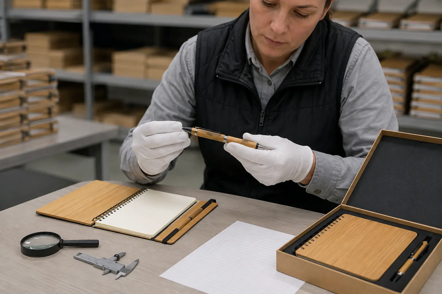 Quality inspector checking a bamboo pen mechanism, notebook binding, engraved artwork and presentation box at a factory worktable