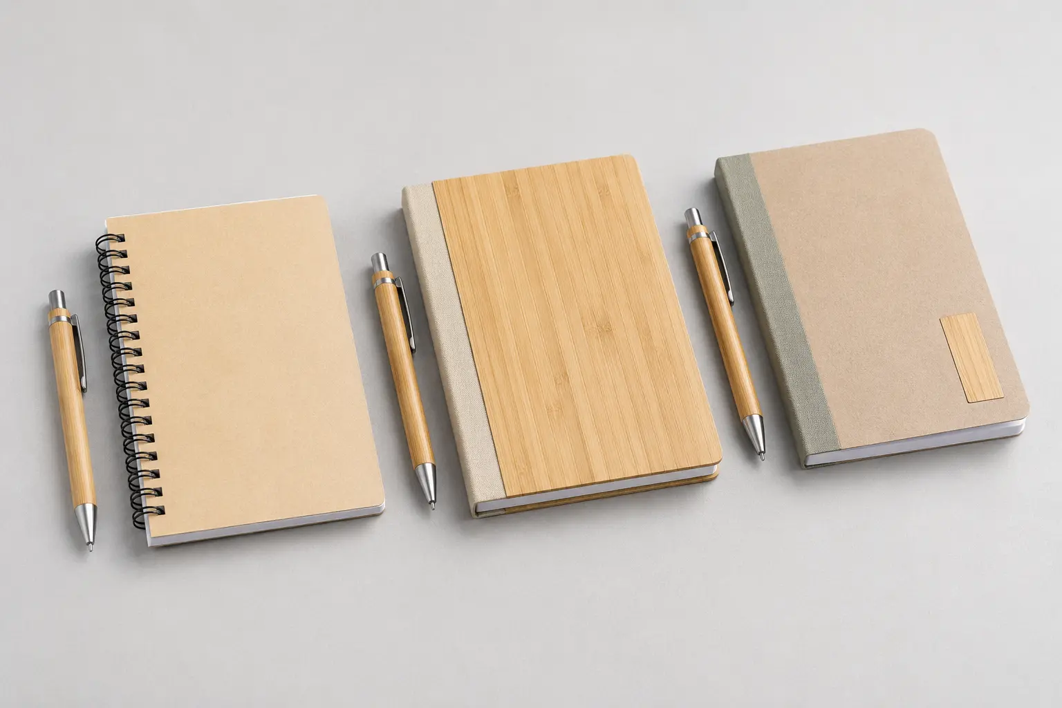 Several bamboo pen and notebook material configurations displayed side by side with bamboo barrel, bamboo cover panel and paper pages visible