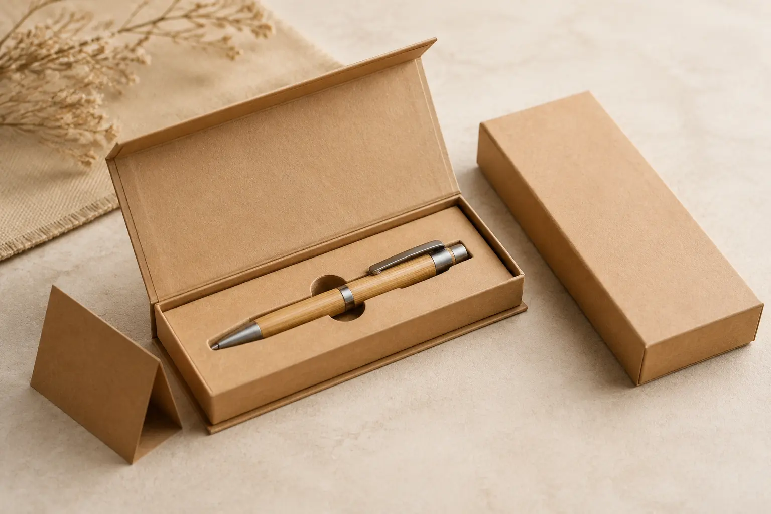 Bamboo pen set in a minimal kraft presentation box for corporate gifting