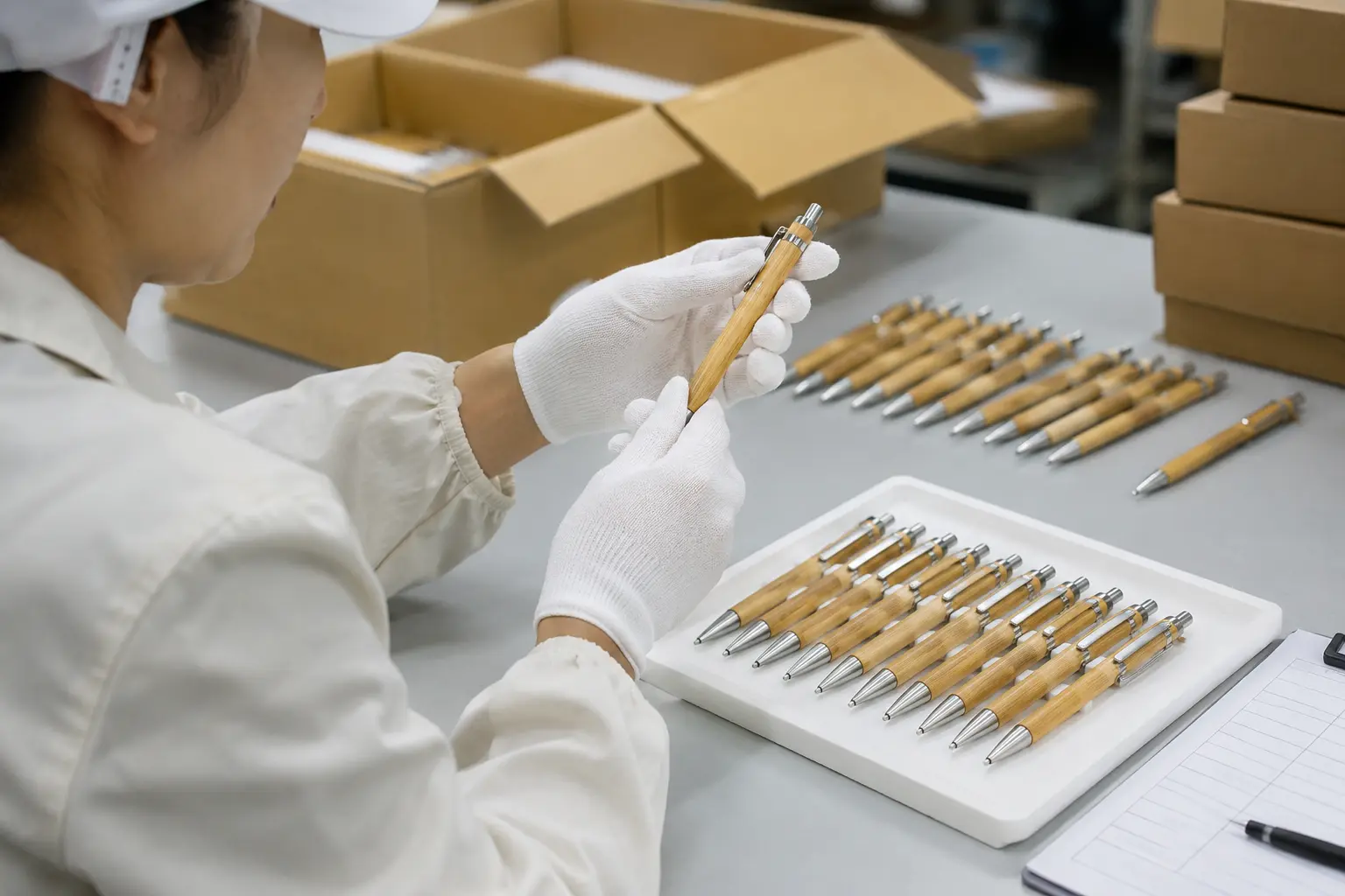 Factory quality inspector checking bamboo pens in bulk for finish function and logo alignment