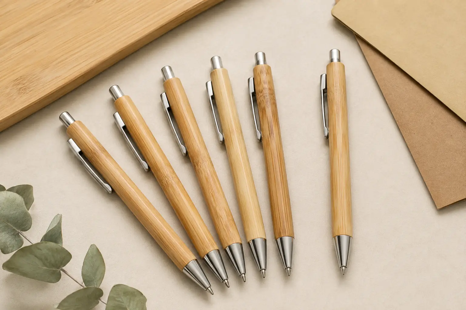 Wholesale bamboo ballpoint pens with natural barrels arranged for custom logo sourcing
