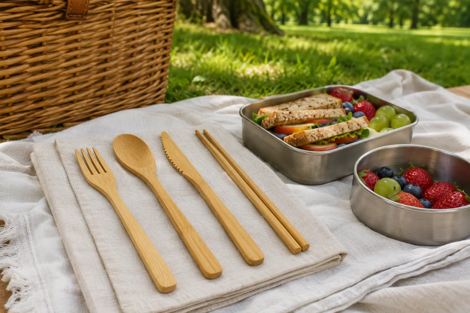 Reusable bamboo picnic utensils organized as place settings with a separate container for used pieces
