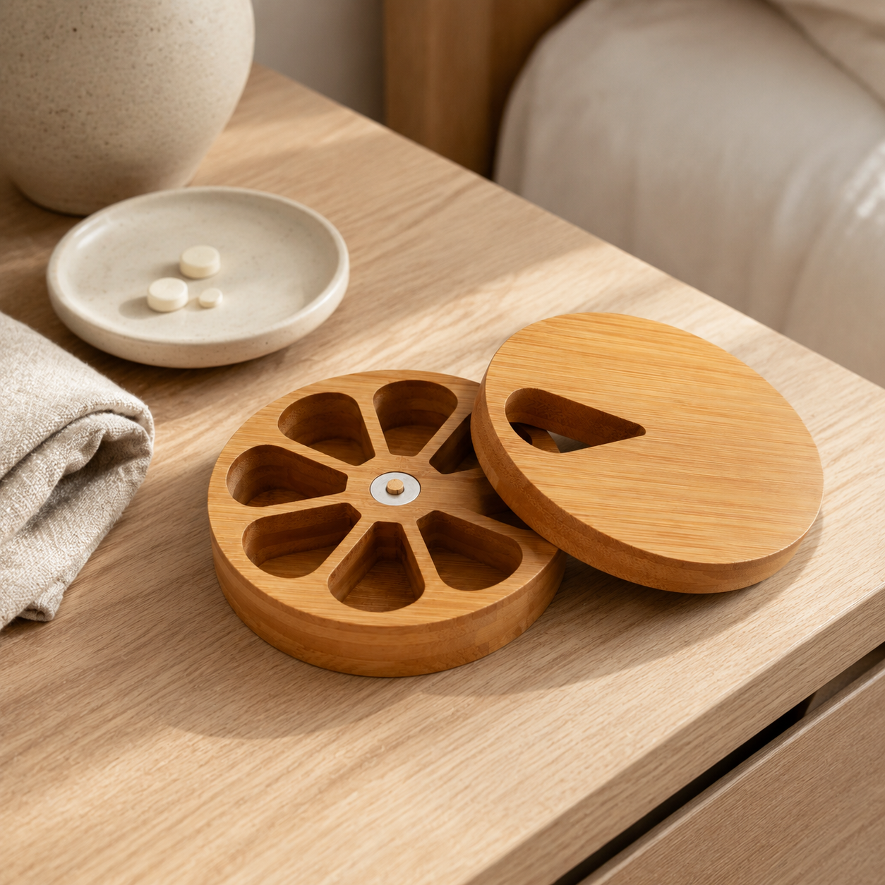 Seven-compartment pill organizer on a bedside table with display props