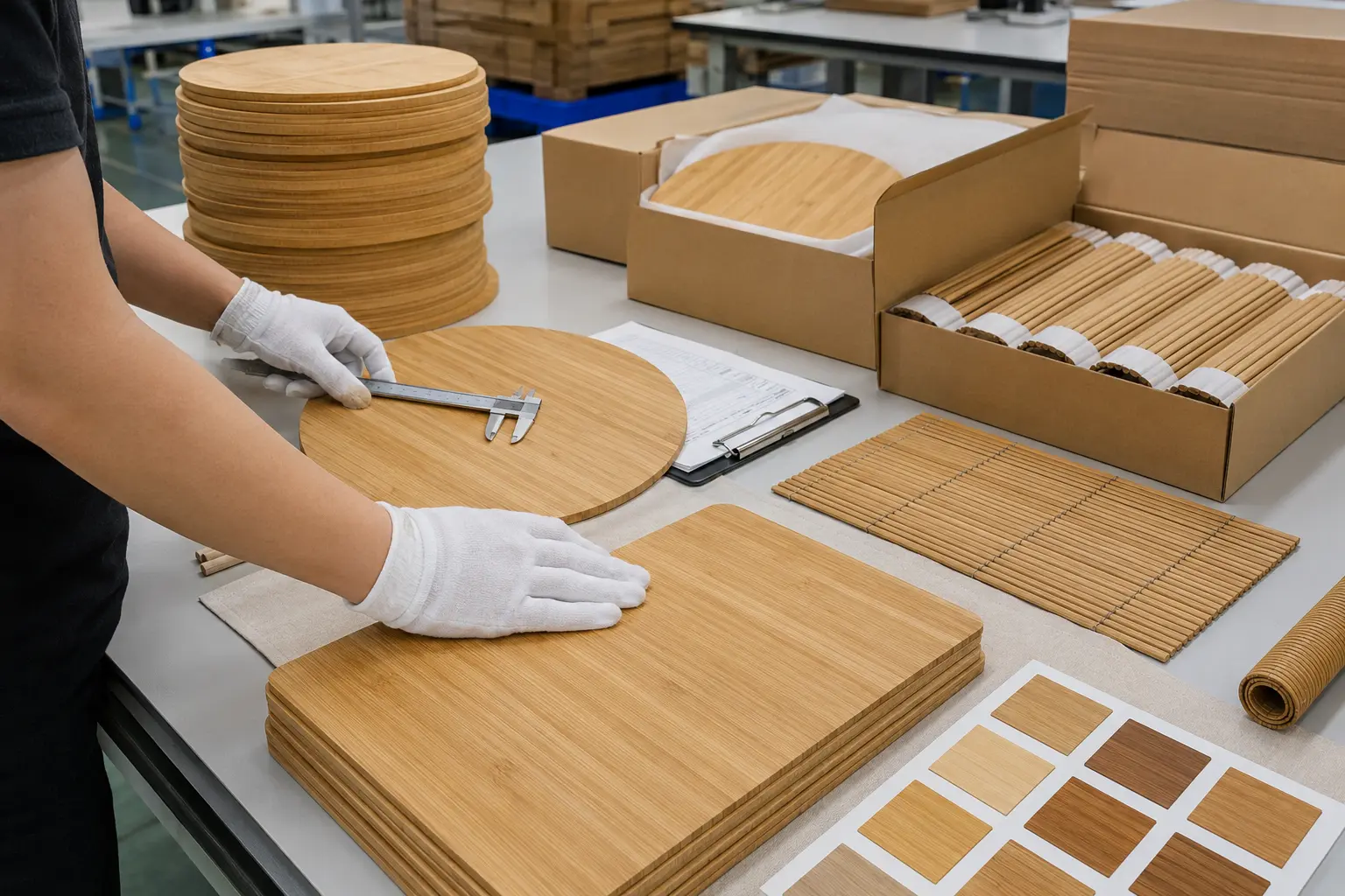 Quality-control inspection of bamboo placemats before packing