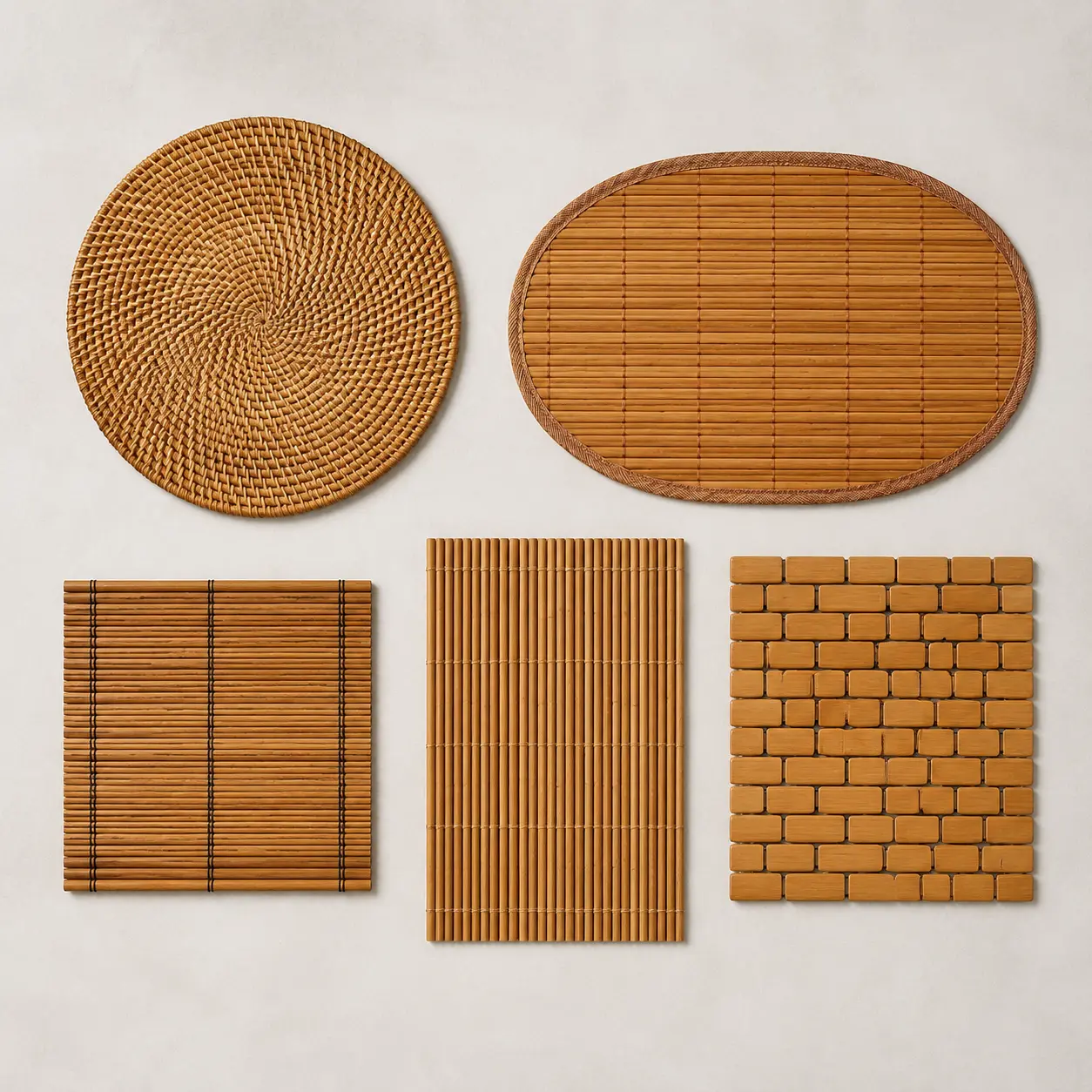 Round, oval, square and rectangular bamboo placemat styles