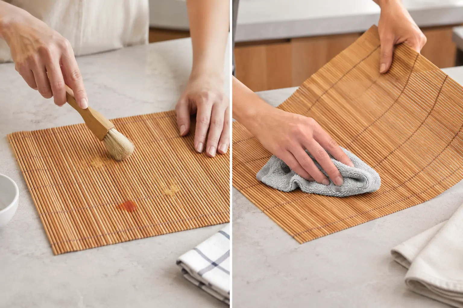 Brushing crumbs and wiping a food spill from a bamboo placemat