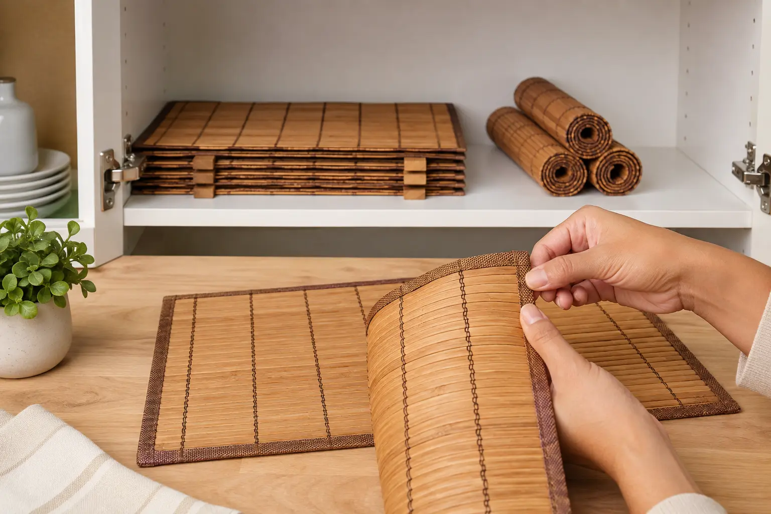 Inspecting bamboo placemat edges before flat and rolled storage