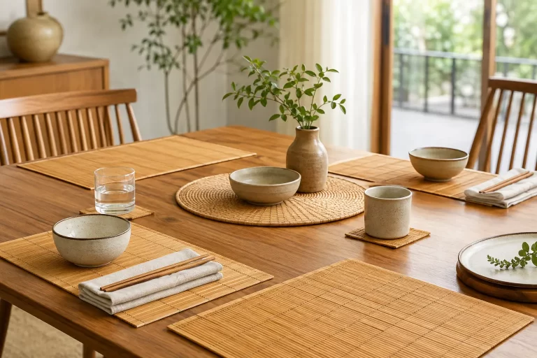 Natural bamboo placemats arranged on a wooden dining table