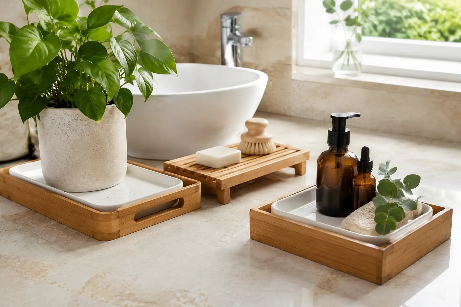Bamboo plant sink and spa trays shown with removable moisture barriers
