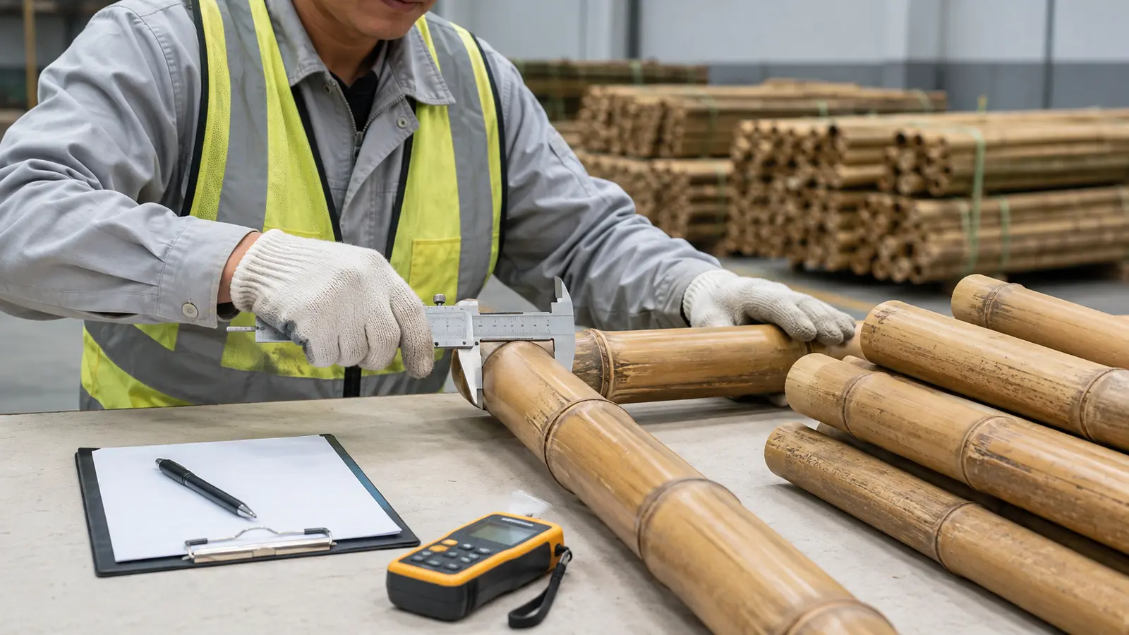 Quality control worker measuring bamboo pole diameter with a caliper