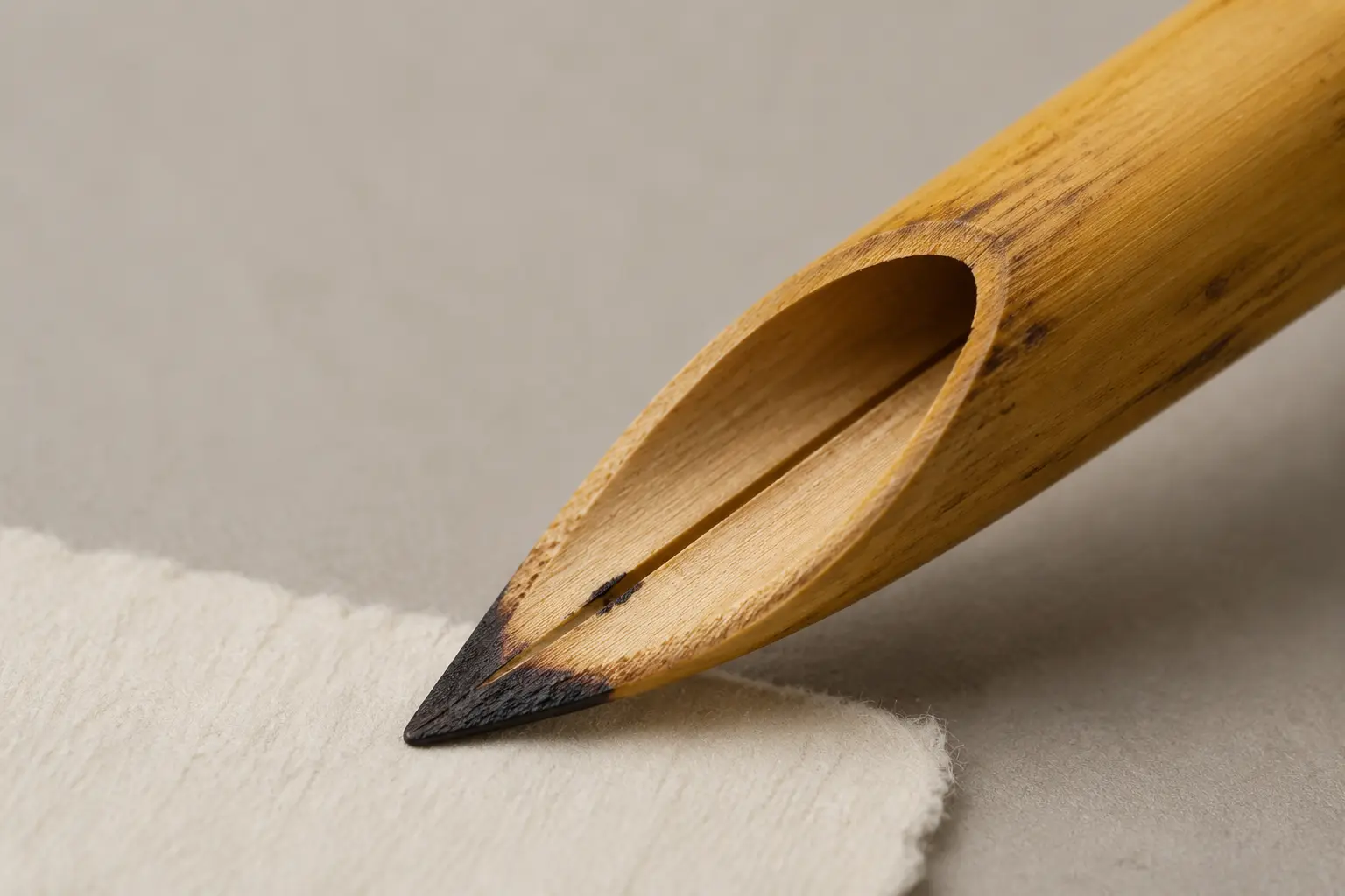 Macro view of an angled bamboo qalam nib with a central slit and lightly inked writing edge