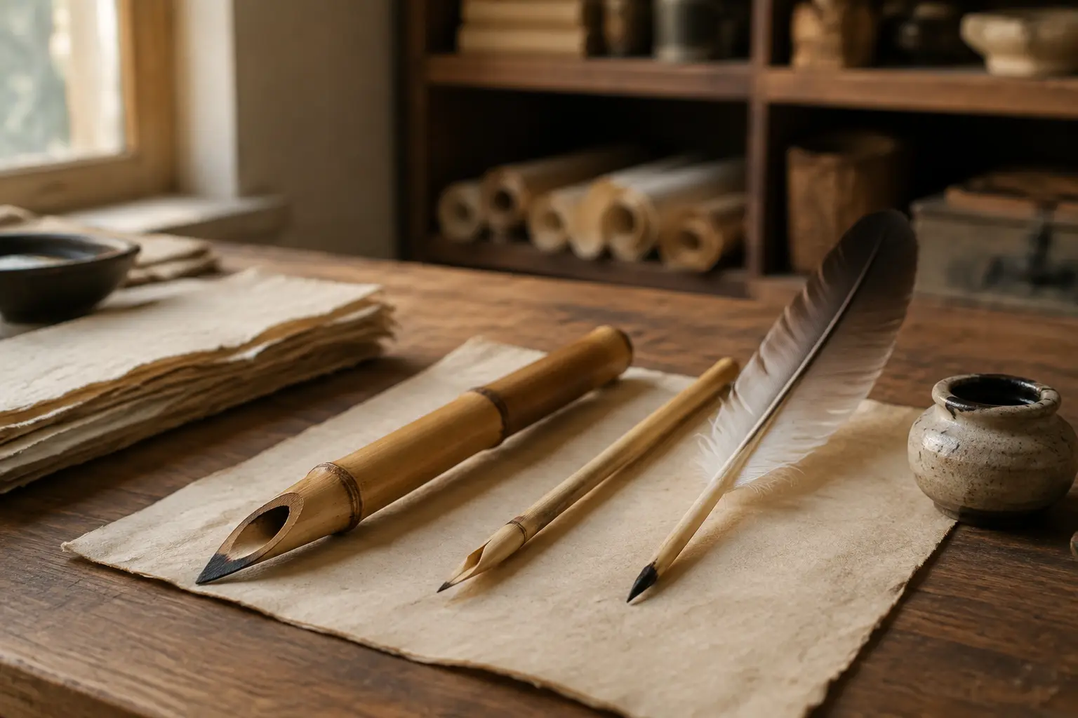 Bamboo qalam, slender reed pen and feather quill arranged separately on handmade paper at a warm writing desk