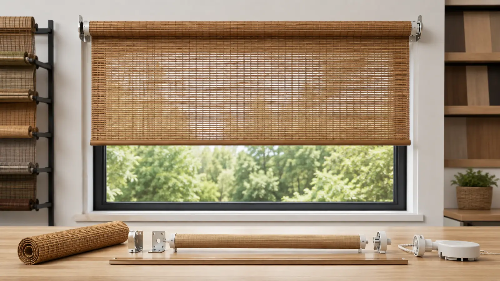 Bamboo roller blinds custom size with roller tube and hardware options