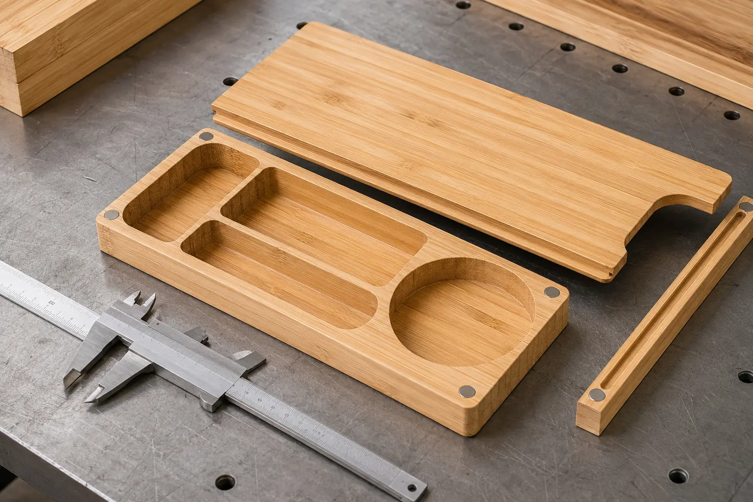 Bamboo rolling tray lid grooves compartments and magnetic closure construction