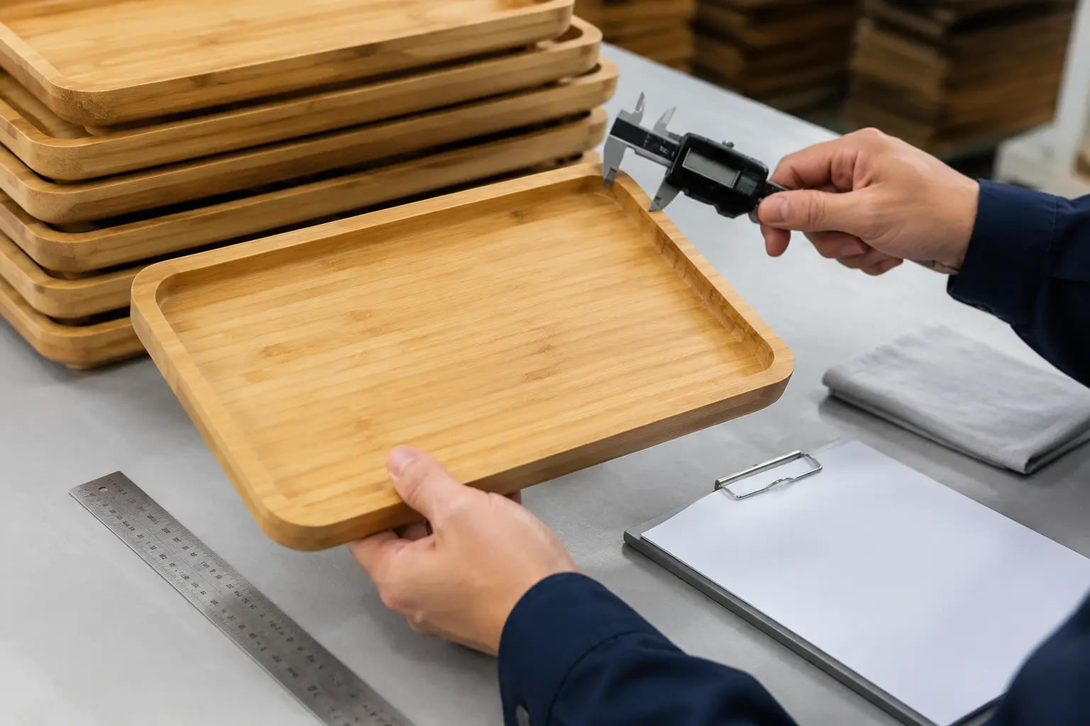 Quality control inspection of bamboo serving trays before bulk shipment