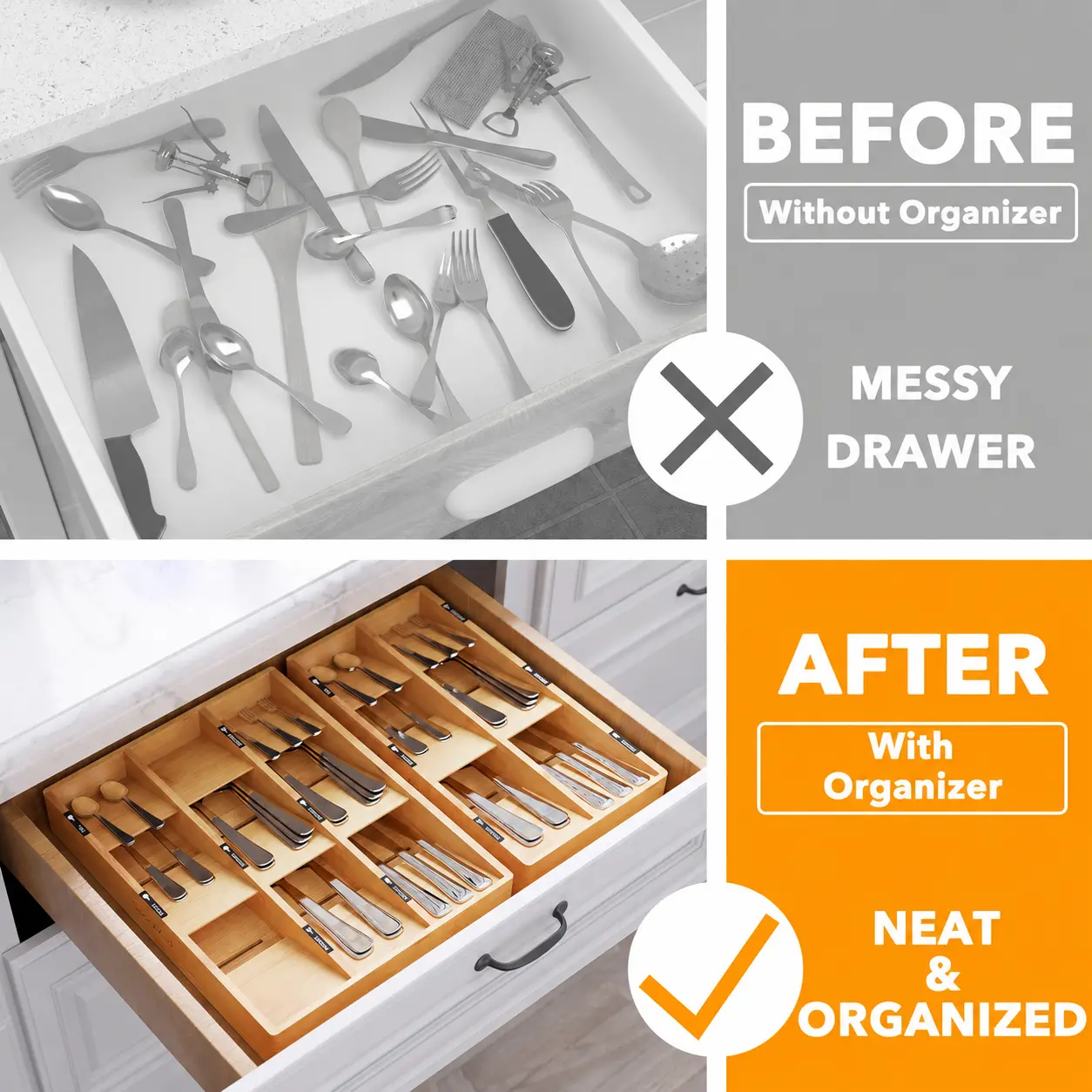 Before-and-after comparison of a messy drawer and a labeled bamboo silverware organizer