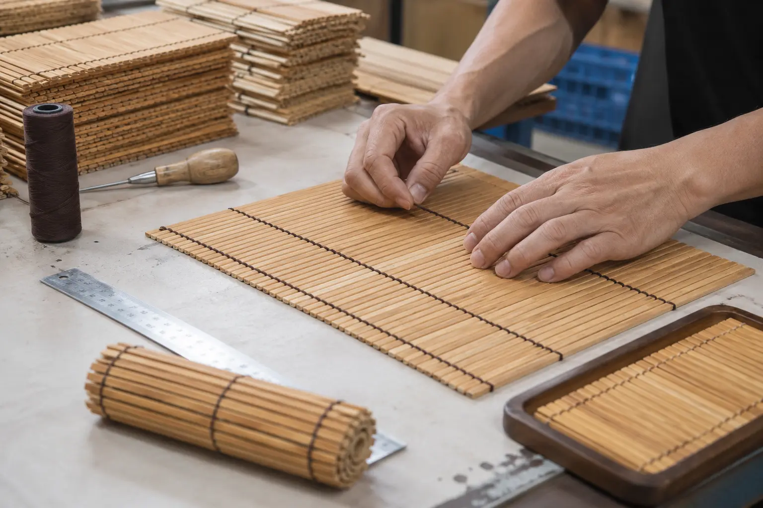 Hand-assembling a roll-up bamboo slat placemat with thread
