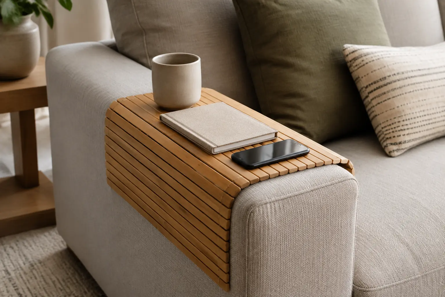 Flexible slatted bamboo sofa armrest tray on a wide upholstered sofa arm