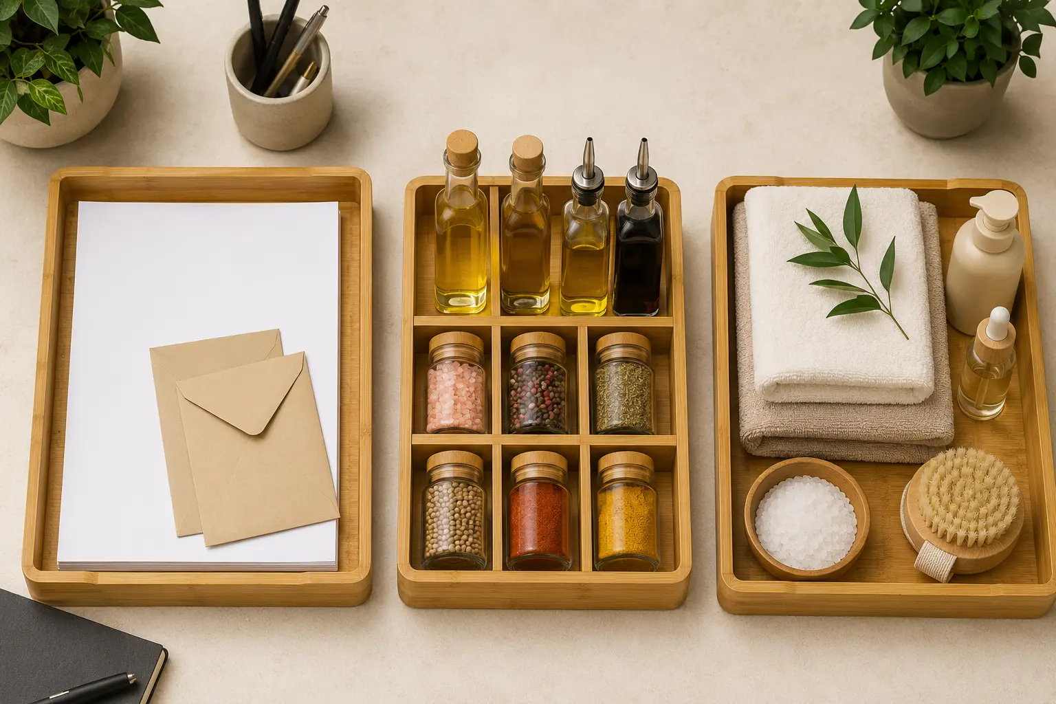 Bamboo storage trays organizing office papers kitchen items and spa accessories