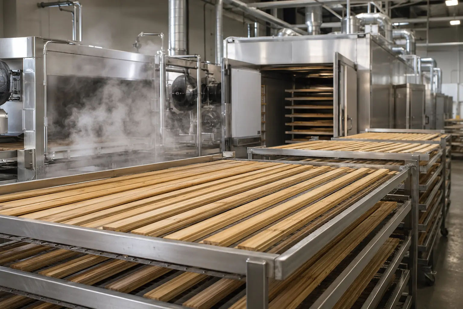 Prepared bamboo strips in treatment and controlled drying process