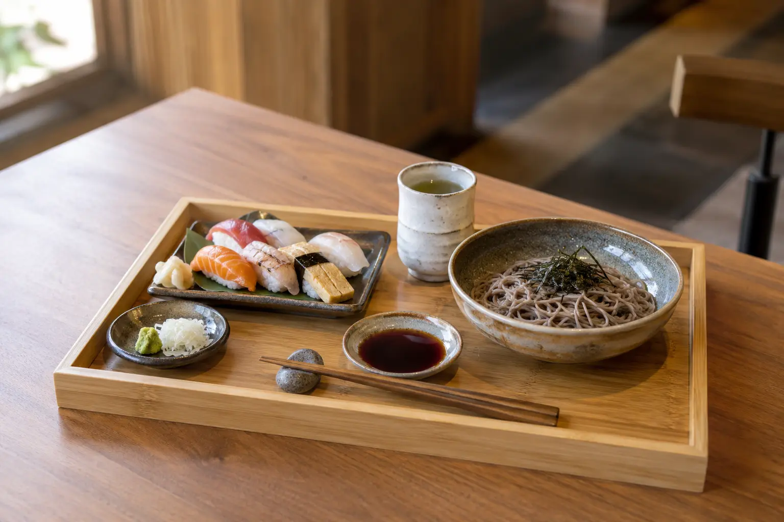 Bamboo dining tray serving sushi soba noodles dipping sauce and tea
