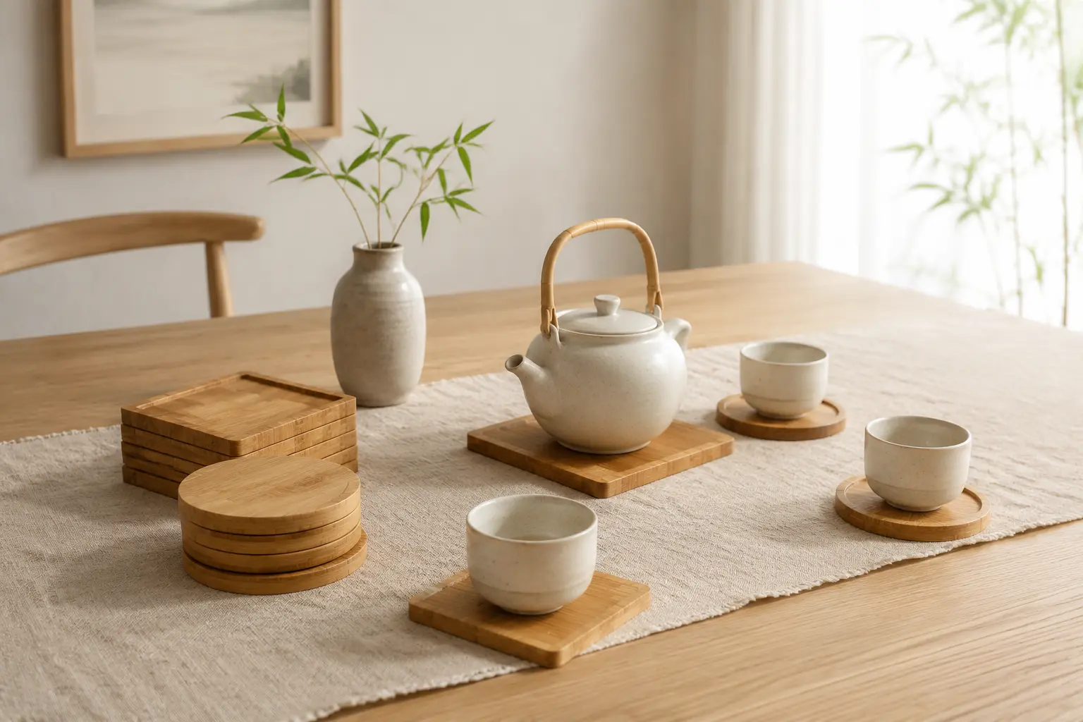 Japanese-inspired bamboo tea coasters arranged with ceramic teaware
