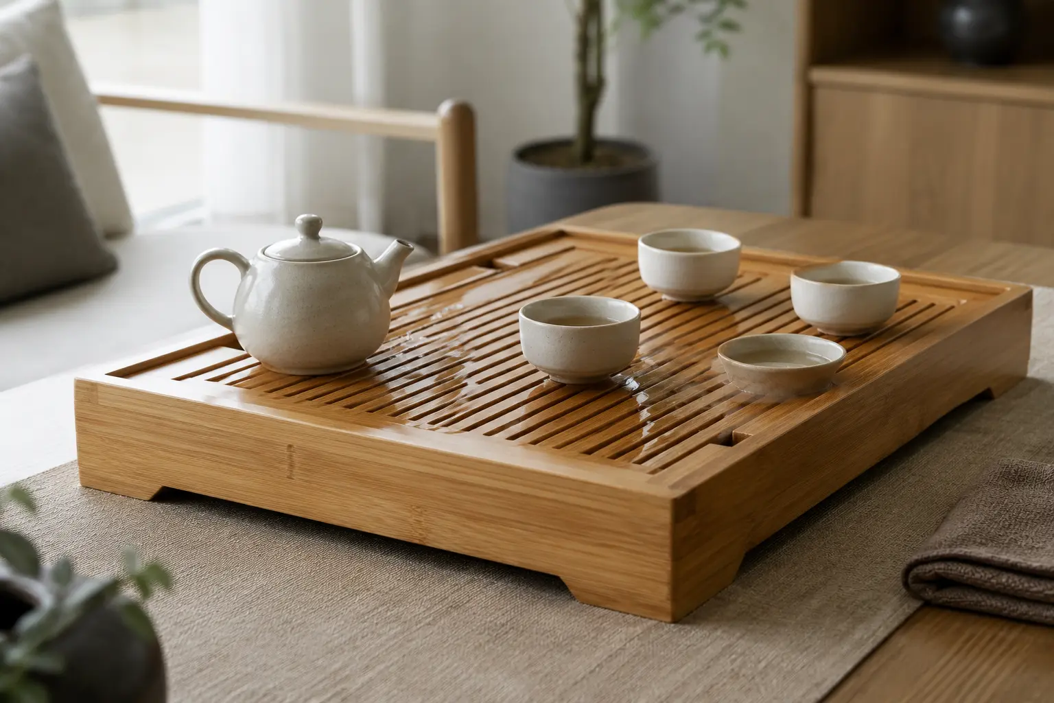 Rectangular bamboo Gongfu tea tray with slatted top, teapot and cups