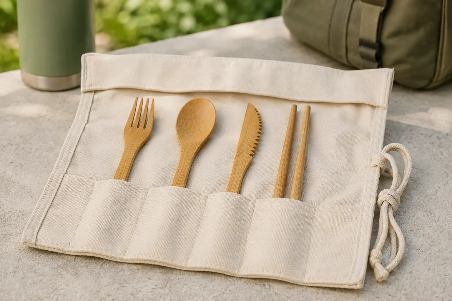 Bamboo travel cutlery set arranged in a roll-up cotton pouch for commuting and outdoor meals