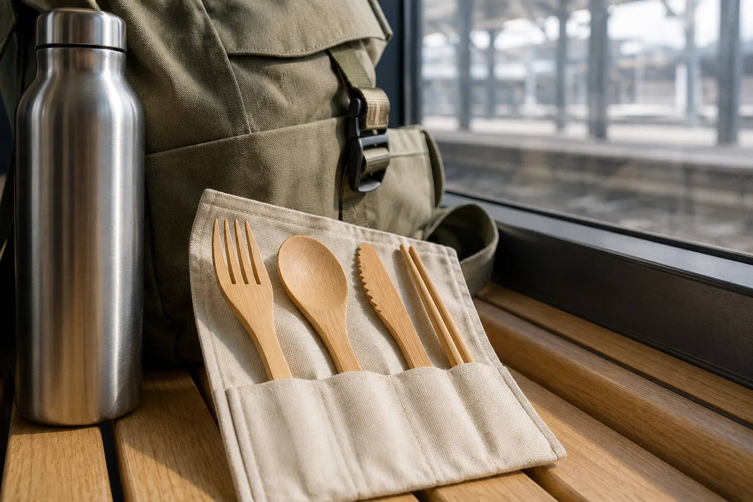 Portable bamboo travel utensils with spoon, fork, knife and chopsticks in a washable storage pouch