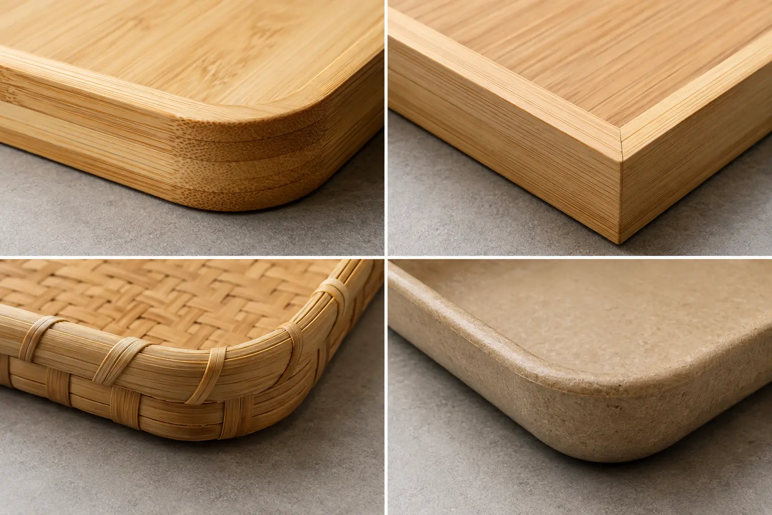 Close comparison of laminated framed woven and molded bamboo tray edges