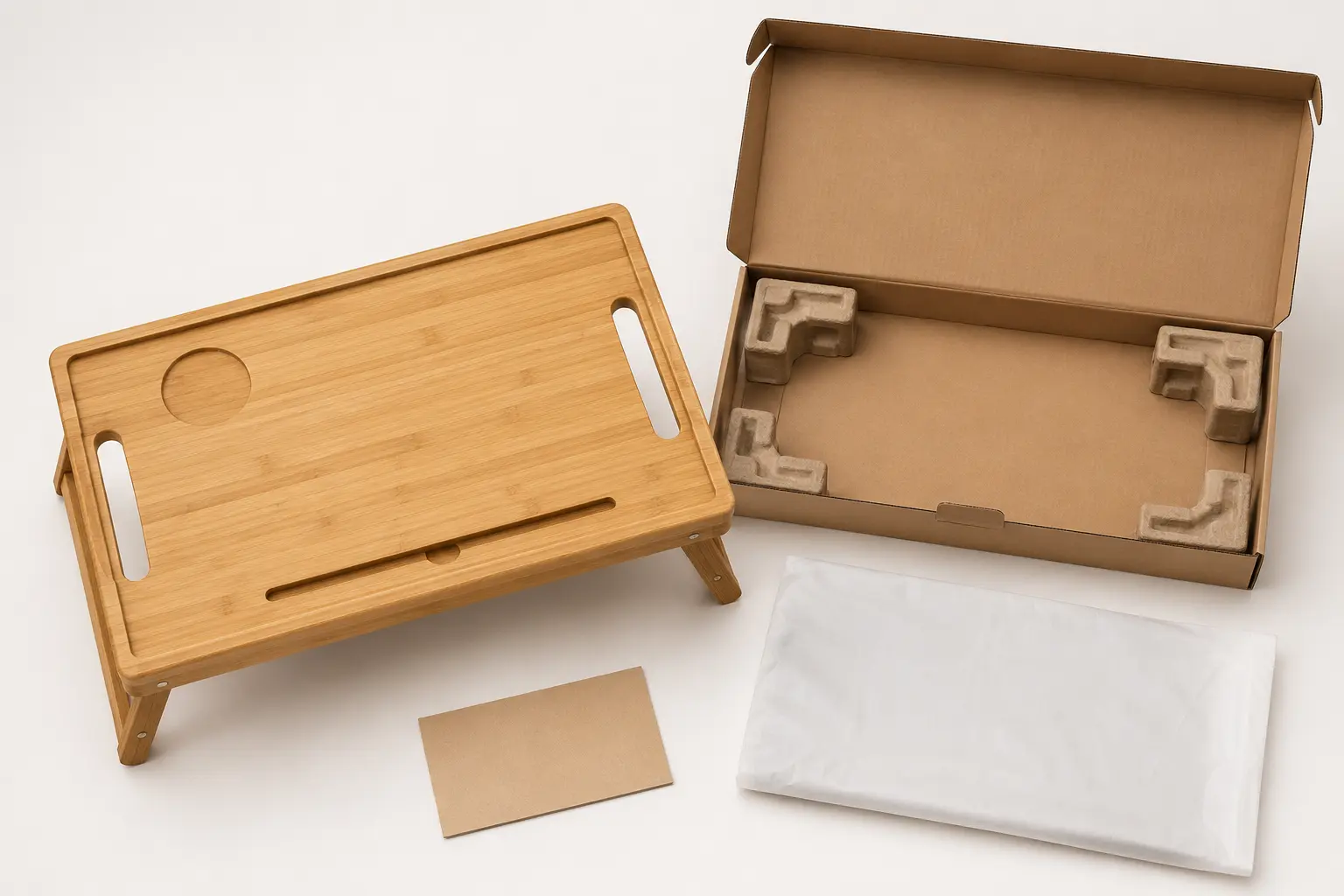 Bamboo folding tray with handles, cup recess, device slot and protective retail packaging