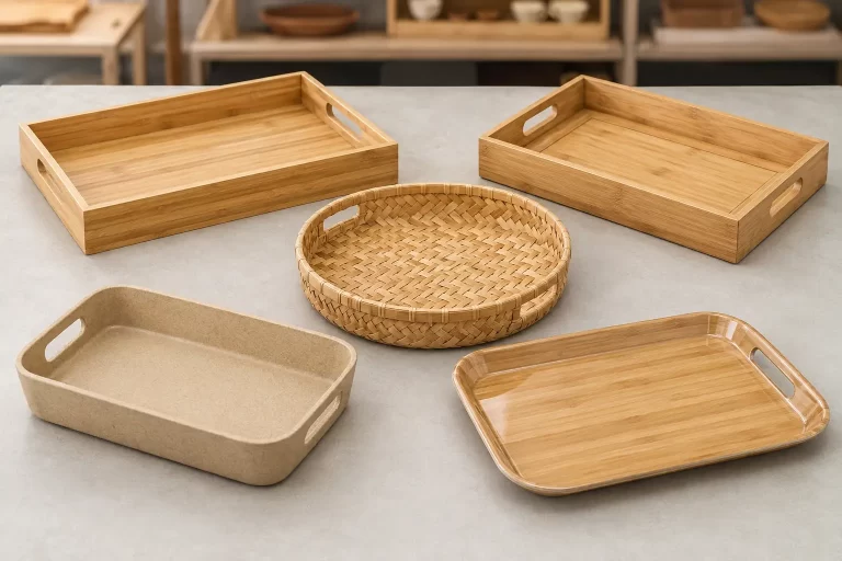 Assortment of solid framed woven fibre composite and melamine bamboo trays