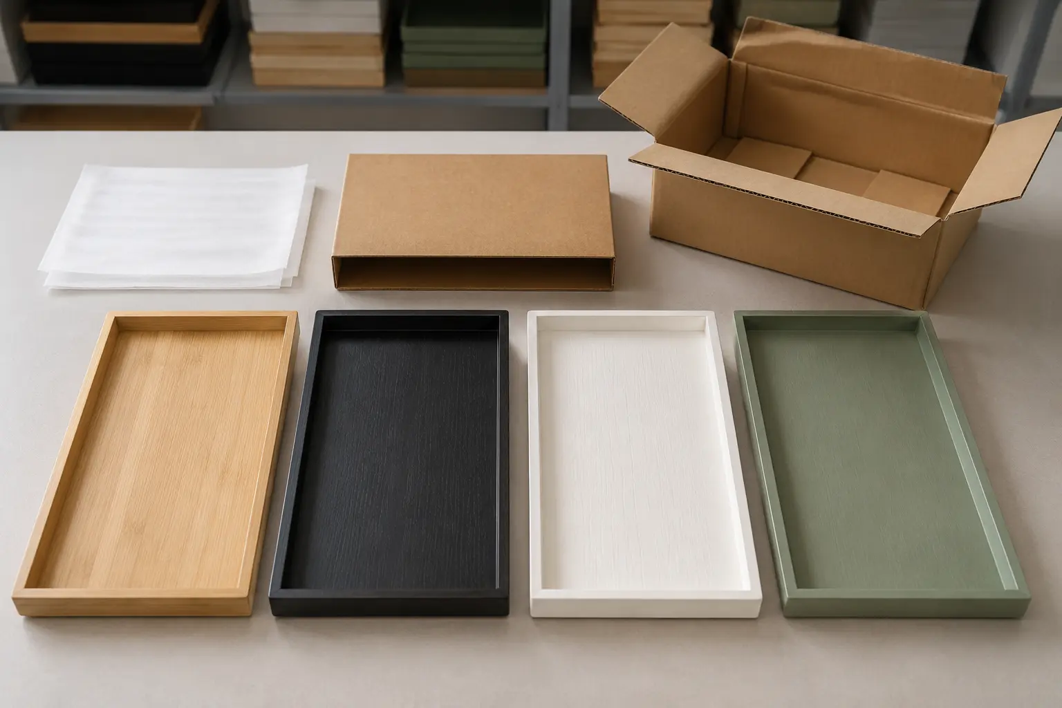 Natural black white and green bamboo tray finish samples with protective packaging