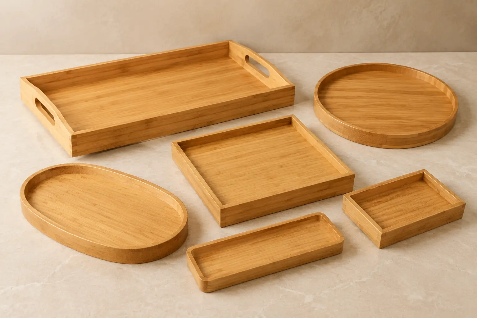 Bamboo trays in round rectangular square and oval shapes with multiple sizes