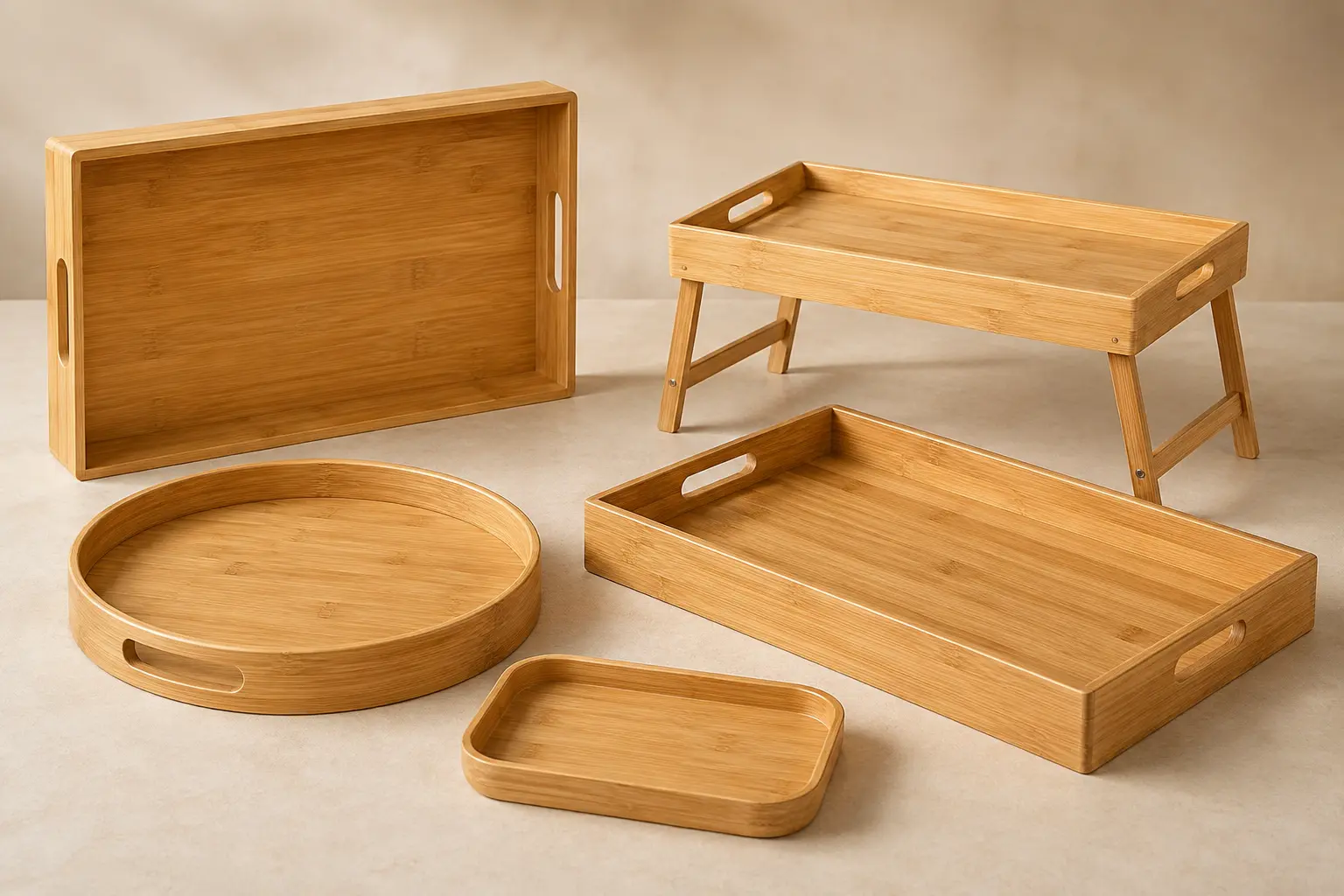 Wholesale assortment of bamboo serving trays in multiple shapes and sizes