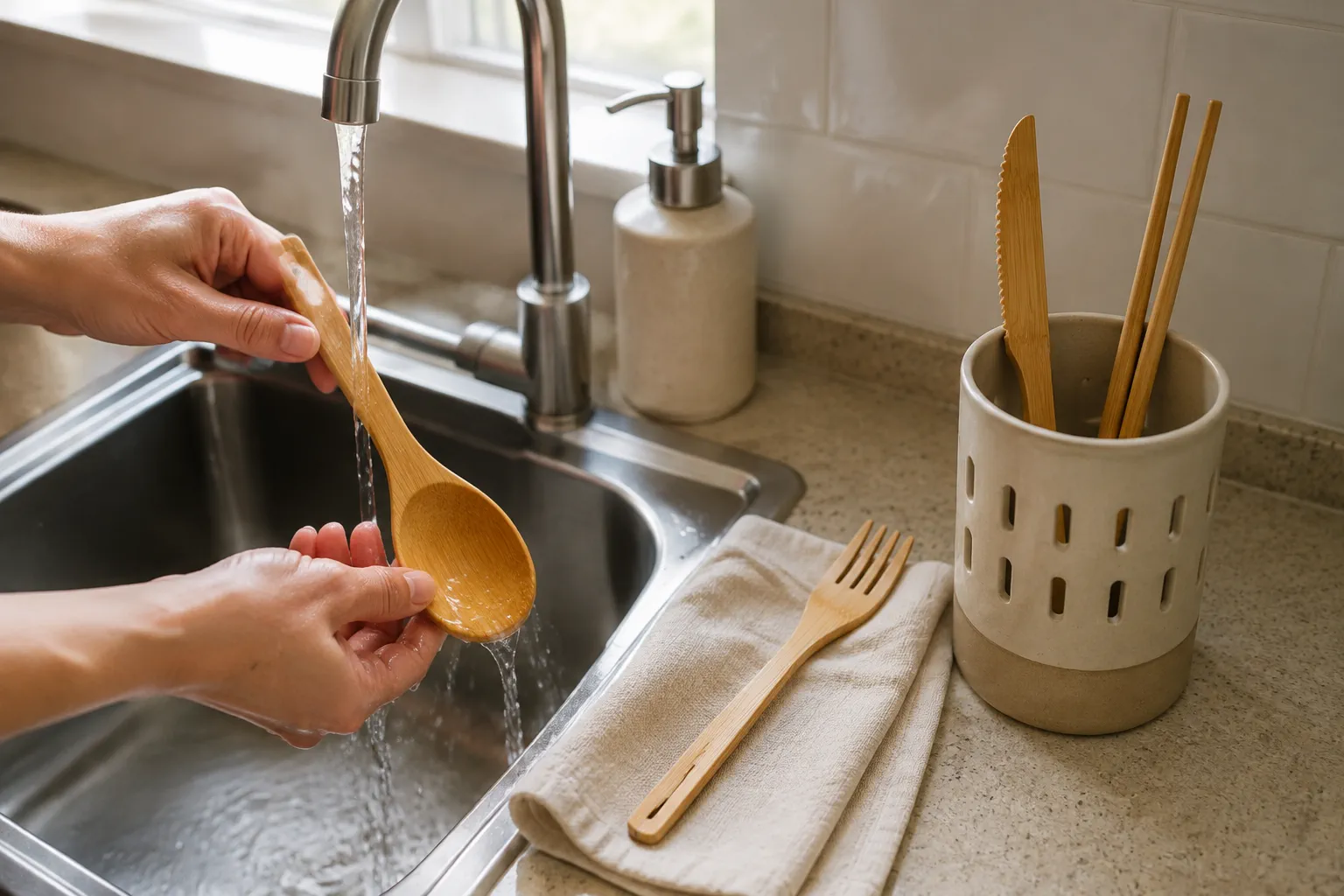 Bamboo spoon, fork and chopsticks being hand washed and dried separately beside an open clean case