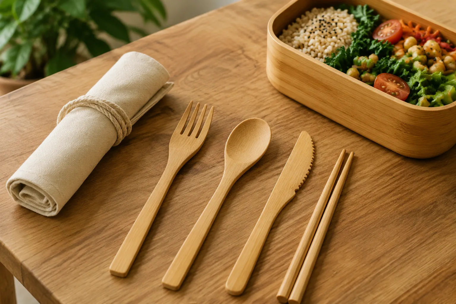 Assortment of solid bamboo utensils including a spoon, fork, knife and chopsticks arranged on a natural tabletop