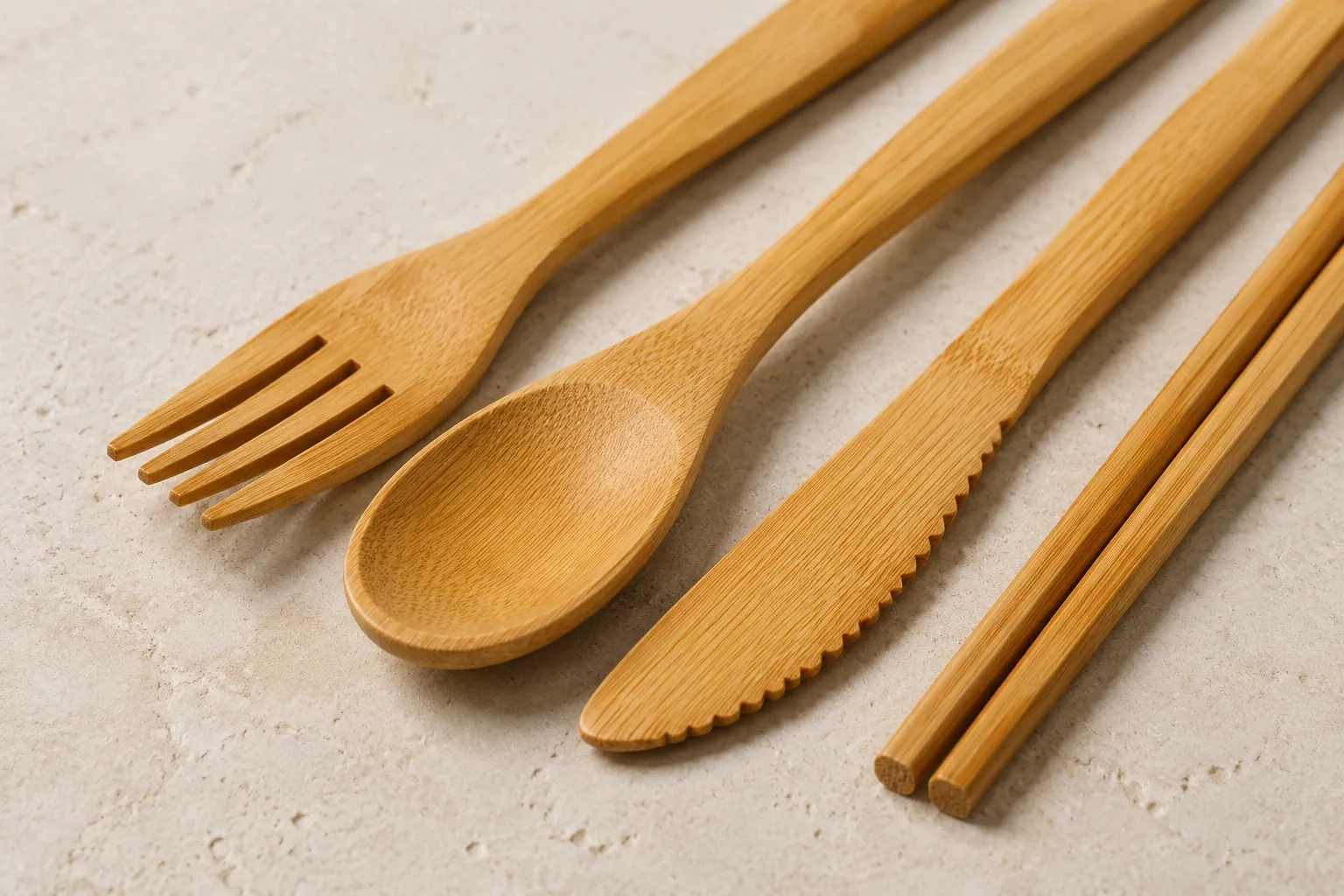 Close-up of solid bamboo spoon and fork surfaces showing natural grain, shaped edges and smooth finishing